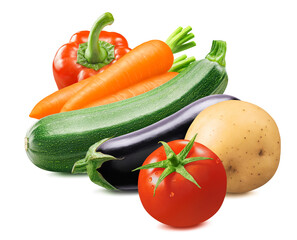 Red sweet pepper, carrot, zucchini, aubergine, tomato, potato and tomato isolated on white background