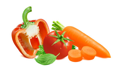 Red sweet pepper, carrot, tomato and green basil isolated on white background