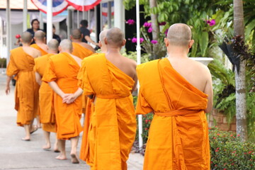 Buddhist monk walk receive food in the morning