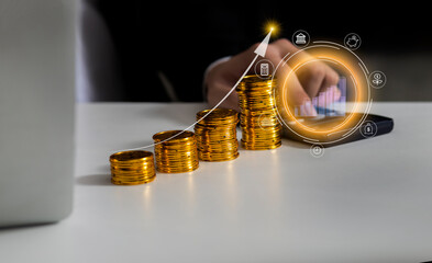 Business accounting and golden stack coins, saving money concept. 