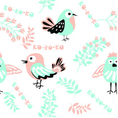 Cute birds with sprigs of flowers and herbs. Spring tender vector seamless pattern. Hand drawn illustration for print