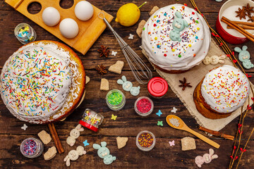 Easter cake decoration. Icing-sugar, topping, edible beads