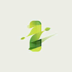 Letter I eco logo with green diagonal stripes, leaves and waves.