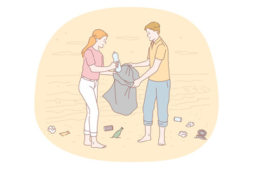 Collecting garbage, saving ecosystem, environment cleaning volunteer concept. Young couple activists picking trash into bag on sandy beach together. Collecting rubbish, cleaning, ecological support 