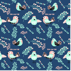 Cute birds with sprigs of flowers and herbs. Spring tender vector seamless pattern. Hand drawn illustration for print