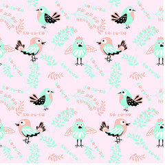 Cute birds with sprigs of flowers and herbs. Spring tender vector seamless pattern. Hand drawn illustration for print