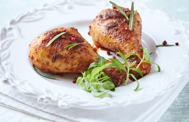 Baked chicken drumsticks with fresh herbs on bright background. Close up. 