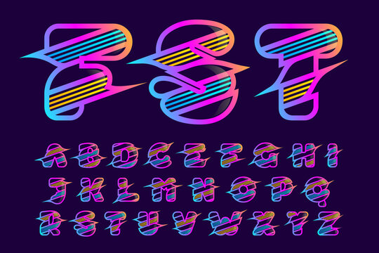 Alphabet with diagonal multicolor lines.