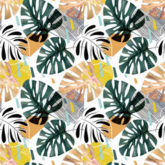 Seamless tropical pattern. Green leaves of a palm tree with bright decorative elements on a white background.