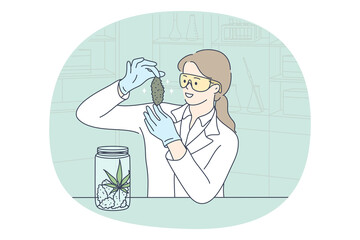 Laboratory research and chemical experiment concept. Young woman doctor scientist cartoon character in white uniform sitting making research with plants in glass flasks vector illustration 