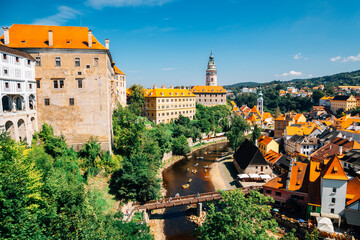 Panoramic view of Cesky Krumlov old town and Vltava river in Czech Republic