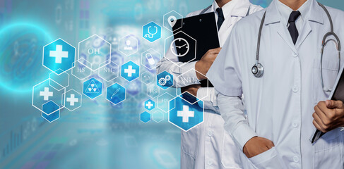 Medicine doctor hand working with modern computer interface icons. Medicine and technology concept.