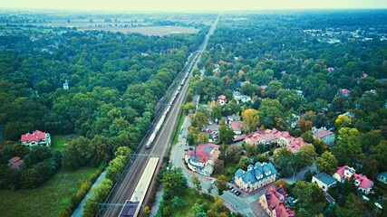 train among the greenery from the bird's eye view