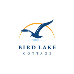 vector logo design bird lake cottage . stork bird , real-estate illustration template idea company business