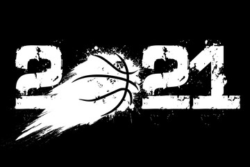 Abstract numbers 2021 and basketball ball made of blots in grunge style. 2021 New Year on an isolated background. Design pattern. Vector illustration