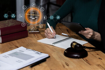 Concepts of Law and Legal services.	Lawyer woman working with law icons.