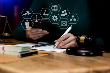 Concepts of Law and Legal services. lawyer businesswoman working on digital tablet and law...