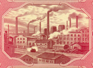 Przemysł - pejzaż przemysłowy na banknocie 100 złotych z datą  01 lipca 1948									
 - obrazy, fototapety, plakaty