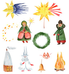 Watercolor set Kaledos, christmas, slavic for decorating booklets, brochures, stands, leaflets, web, souvenirs, packaging design, print, wrapping.