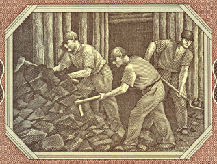 Górnicy w kopalni na banknocie 500 złotych z datą  01 lipca 1948									
 - obrazy, fototapety, plakaty