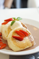 Fluffy pancake with Chocolate nuts sauce.