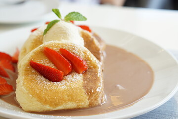 Fluffy pancake with Chocolate nuts sauce.