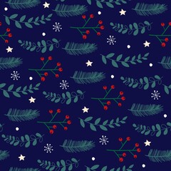 Fototapeta na wymiar Seamless Christmas pattern made of fir branches, mistletoe berries and snowflakes