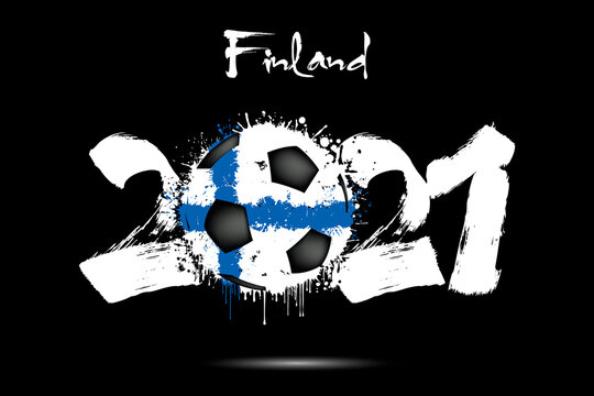 Abstract numbers 2021 and soccer ball painted in the colors of the Finland flag in grunge style. Figures 2021 and flag of Finland in the form of a soccer ball made of blots. Vector illustration