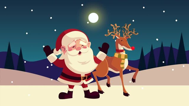 happy merry christmas animation with little santa and reindeer in landscape