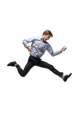 Music. Happy young man dancing in casual clothes or suit, remaking legendary moves and dances of celebrity from culture history. Isolated on white. Action, motion, fame concept. Creative occupation.