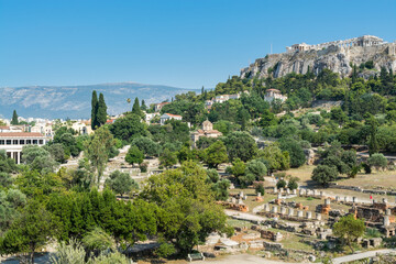 Fototapeta premium Ruins of Ancient Agora and Acropolis of Classical Athens of Greece. Aerial view from the Temple of Hephaestus (Hephaestion)