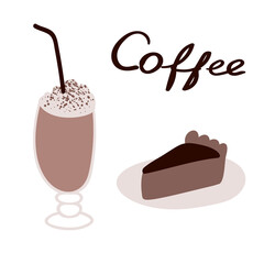 Glass of coffee mocha with cream and cinnamon and chocolate cake. Vector illustration in flat style.