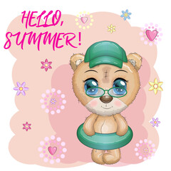 Cute cartoon bear with big eyes in a swimming circle. Summer is coming.