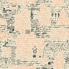 Vector texture, seamless pattern with red handwritten text Lorem Ipsum, black scribbles and blobs. Decorative repeatable background in retro style. Suitable for Wallpaper, wrapping paper, fabric