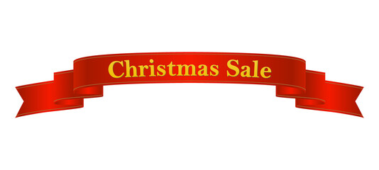 Chrismas sale ribbon in red color and gold text. Stock vector illustration on white isolated background.