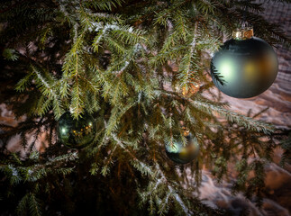 Christmas pine forest. Green and gold christmas balls. New year.