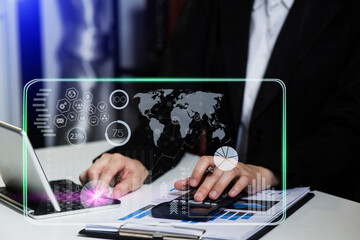 Double exposure of business hands with marketing notes and forex chart hud. Stock market concept.	