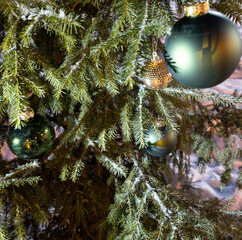 Green and gold festive christmas balls.  Happy new year