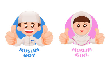 Muslim Kids Boy and Girl in Islamic Clothes Thumbs Up and Smile Mascot Illustration Concept