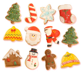 Group of Sugar Frost Cookie in Christmas Collection. Christmas  Cookie with Shadows on White Background.