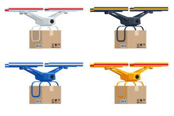 Drone delivery. Quadcopter carrying a package to customer. Delivery of a cardboard box drone by air isolated on white background. Side view