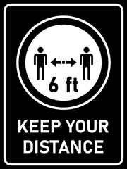 Keep Your Distance 6 ft or 6 Feet Vertical Rectangular Social Distancing Instruction Icon with an Aspect Ratio of 3:4. Vector Image.