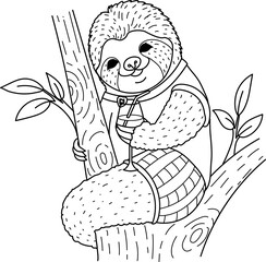 Line art design of cute funny sloth holding cocktail glass and sitting on trees for coloring book, coloring page or print on stuffs. Vector illustration © Somjai King