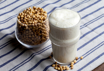  Homemade healthy drink soy milk in a glass