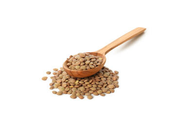 Wooden spoon with legumes isolated on white background