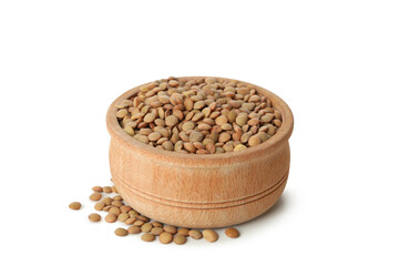 Wooden bowl with legumes isolated on white background