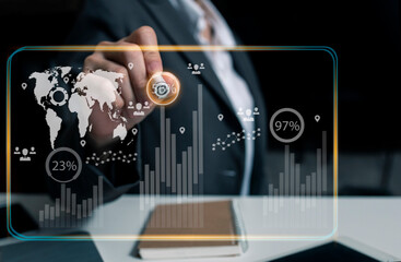 Double exposure of businesswoman working on digital tablet and smart phone with digital marketing virtual chart, Abstract icon, Business strategy concept.