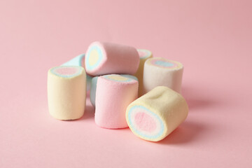 Sweet marshmallow on pink background, close up