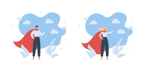 Fototapeta na wymiar Superhero people character concept. Vector flat male and female people illustration set. Man and woman super hero in red cape standing in strong victory pose on sky background.