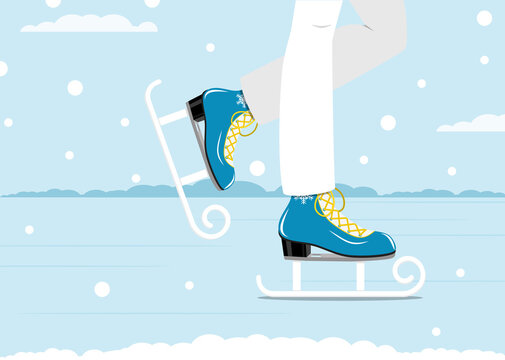 Pair of white skates. Figure skating. Men's skates. Winter active outdoor leisure ice skates. vector illustration.